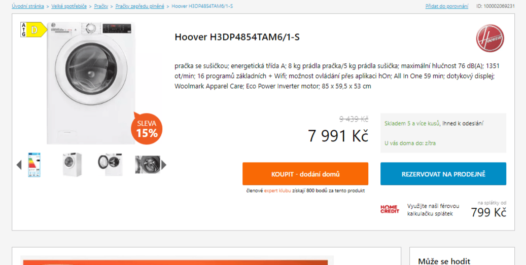 Pračka sušička Hoover 8/5kg, 1400ot., Wifi, BT