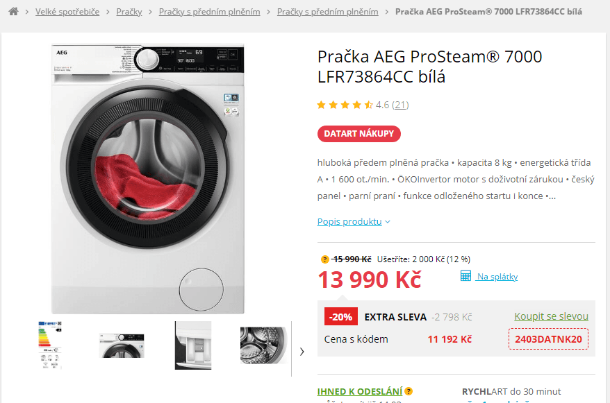 Parní pračka AEG, 8 kg, A, 1600 ot./min