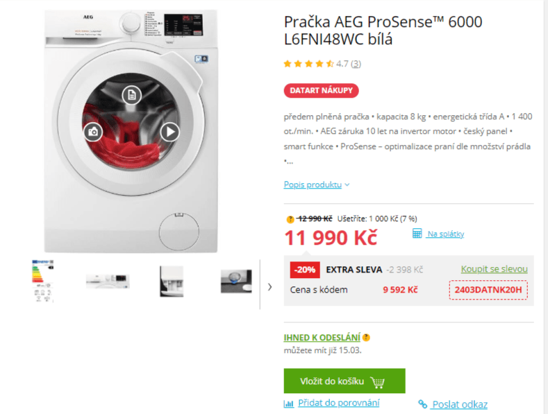 Parní pračka AEG 8kg, 1400 ot., A