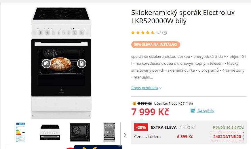 Sklokeramický sporák Electrolux, A, 54 l