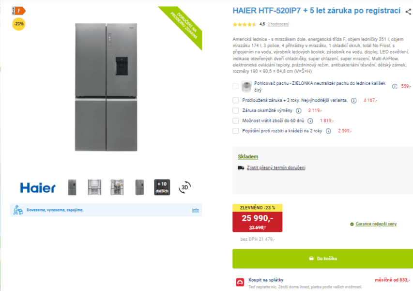 Americká lednice Haier, led, voda, 190cm