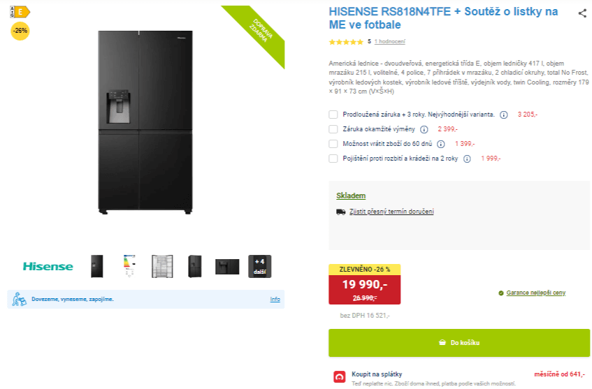 Americká lednice Hisense, led, voda, 179cm