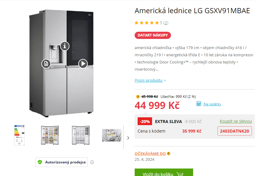 Americká lednice LG, 416/219 l, Wi-Fi