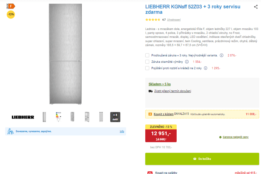 Lednice Liebherr, no frost, wifi, 186cm