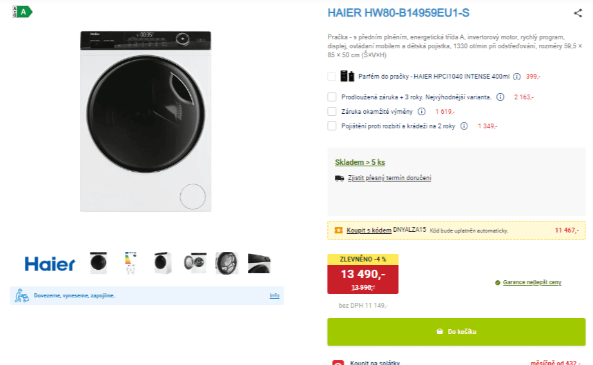 Pračka Haier 8kg, 1400ot., Wifi, BT, A