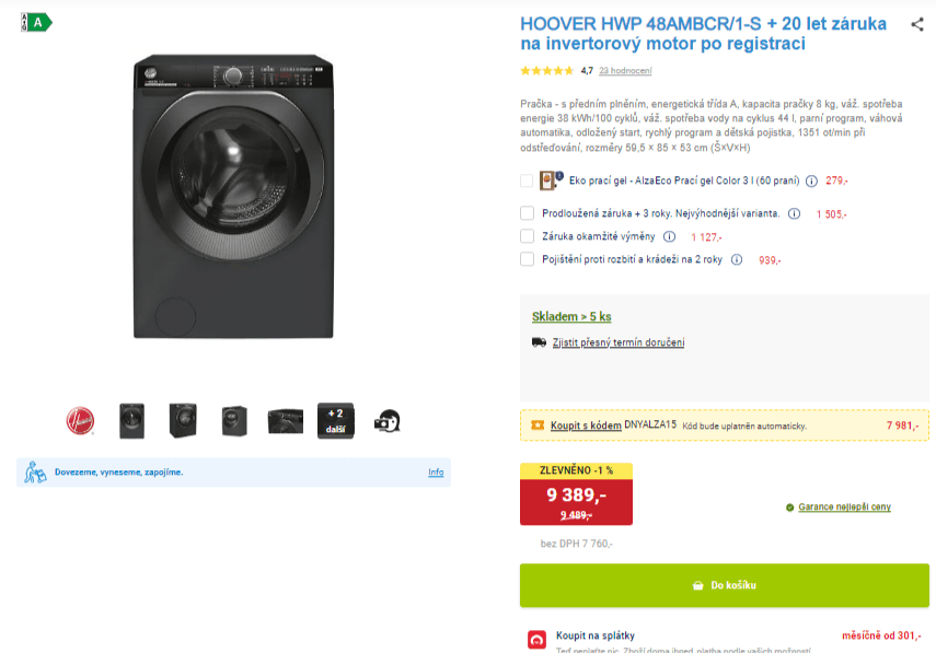 Hoover 8kg, 1400ot., pára, A, Wifi, BT
