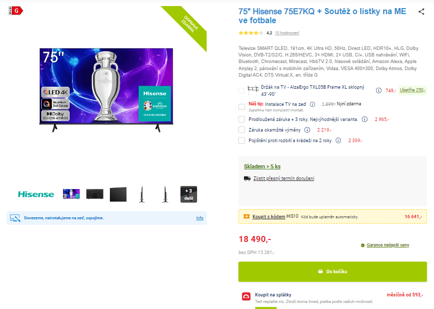 4K Smart TV, HDR, 191 cm, Hisense