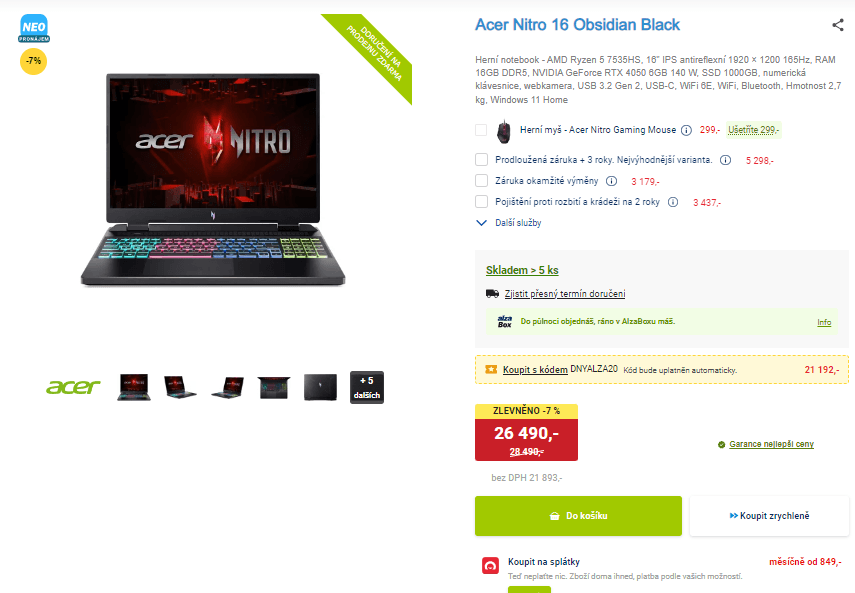 Acer 4,55GHz, 16GB RAM, 6GB Nvidia, 16"