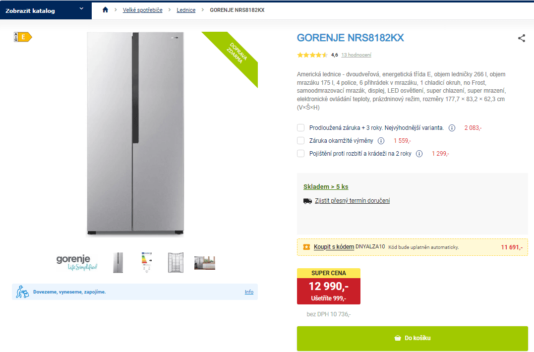 Americká lednice Gorenje, 266/175 l