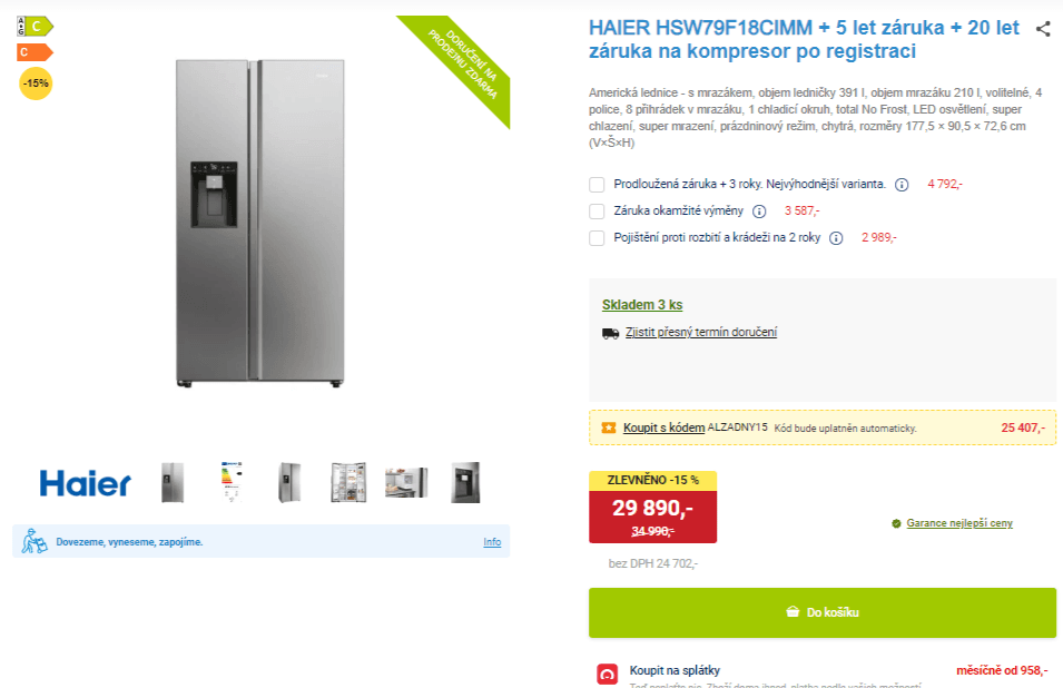 Americká lednice Haier voda, led, 178cm