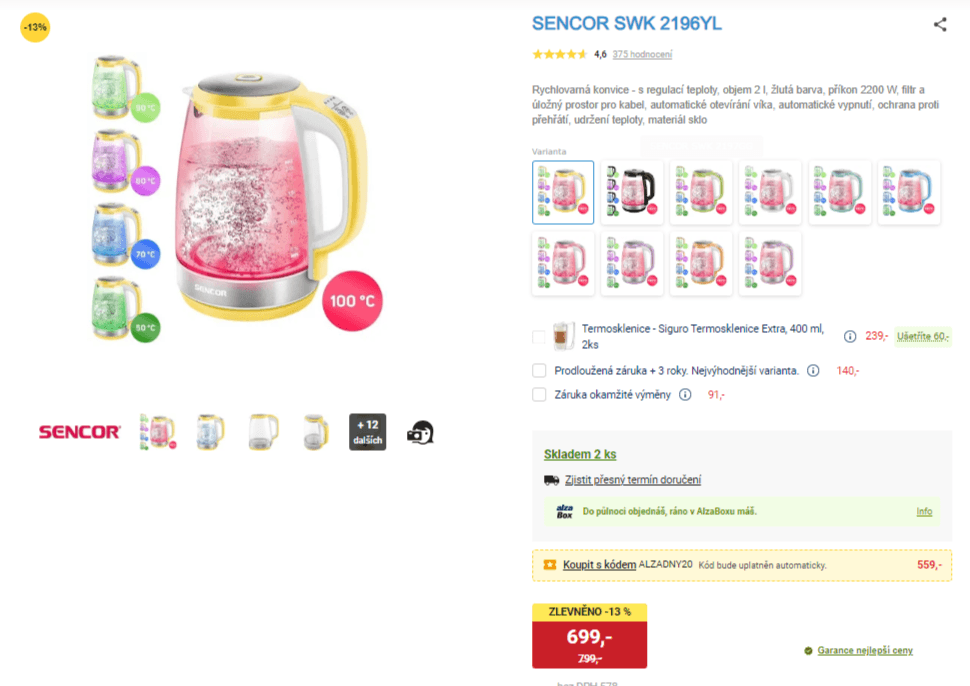 Rychlovarná konvice Sencor 2 l, teploty