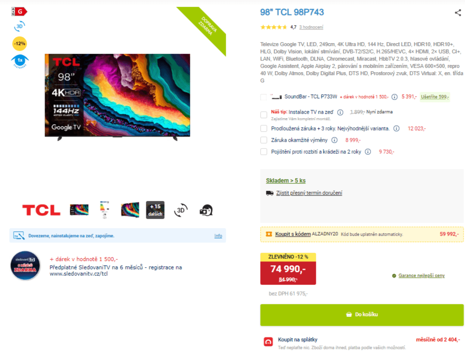 4K Google TV, Smart, Atmos, 248 cm, TCL