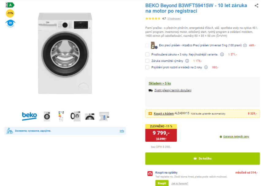 Parní pračka Beko 9kg, 1400ot., Wifi, BT, A
