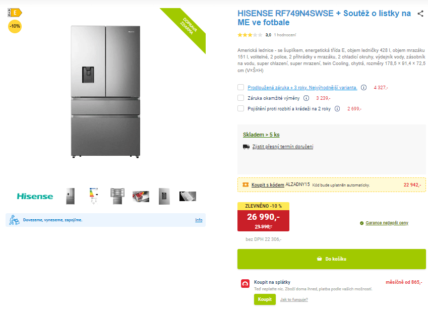 Americká lednice Hisense, voda, 179cm
