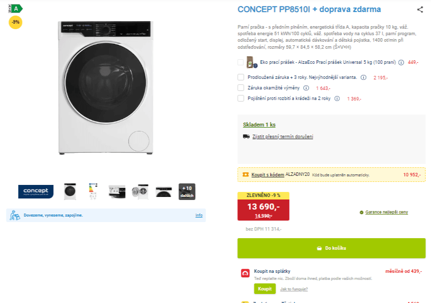 Parní pračka Concept 10kg, 1400ot., A