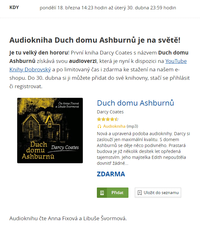 Audiokniha ZDARMA Coates - Duch domu Ashburnů