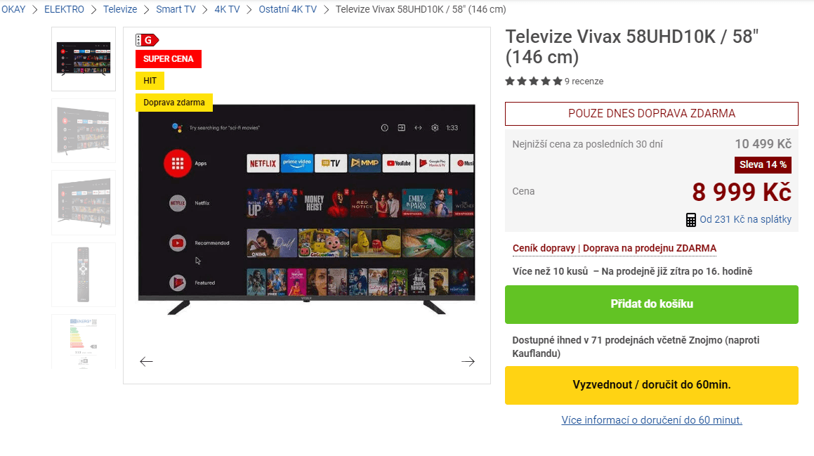 4K Smart TV, Android, 147cm, HDR, Vivax