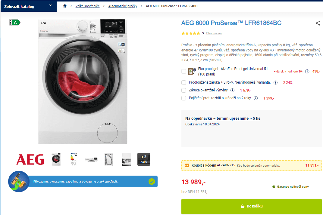 Parní pračka AEG 8kg, 1600 ot., A