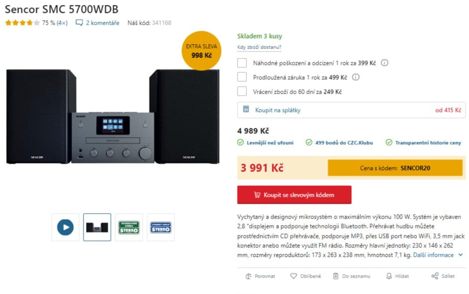 Mikrosystém Sencor, CD, MP3, BT, Wifi, 100W