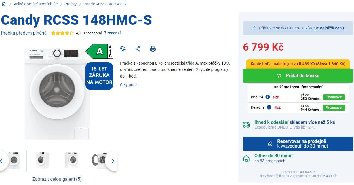 Pračka Candy, 8kg, 1350 ot., pára