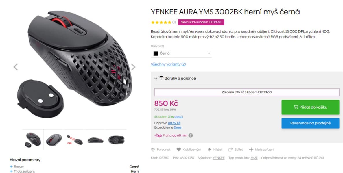 Bezdrátová herní myš Yenkee, dok, 50 hod