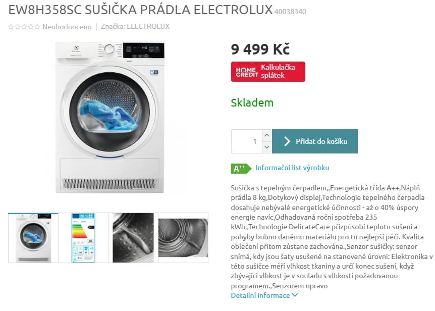 Sušička Electrolux, 8 kg, A++