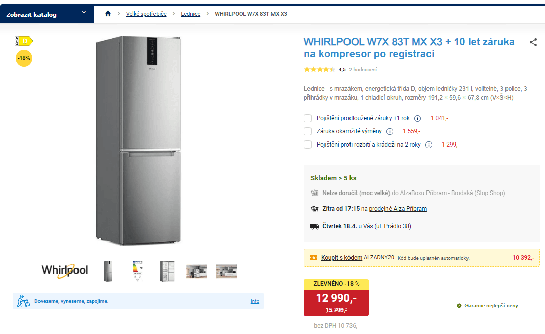 Komb. lednice Whirlpool, 231/104 l, TNF
