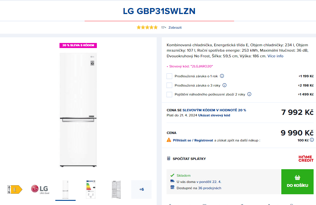 Komb. lednice LG, 234/107 l, 186 cm