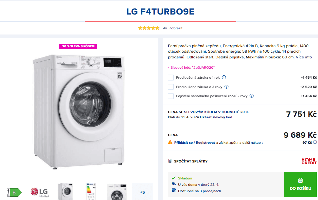 Parní pračka LG, B, 9 kg, 1360 ot./min