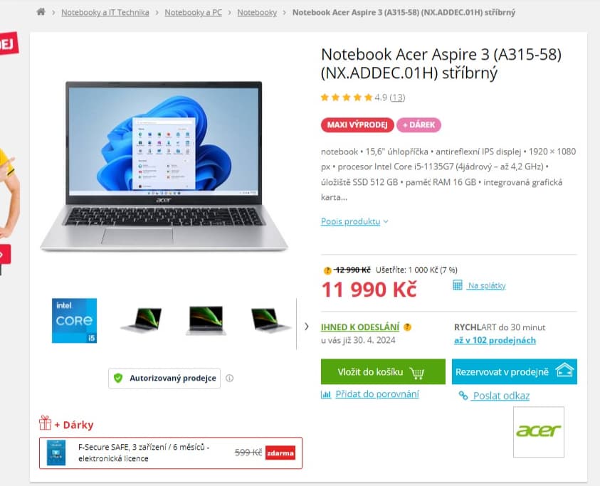 Acer i5 4,2GHz, 16GB RAM, SSD, 15,6"