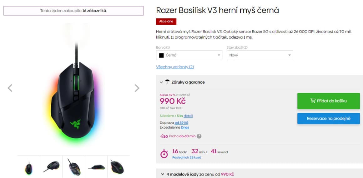 Herní myš Razer Basilisk V3, RGB, USB