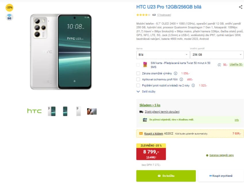 HTC 8x 2,4GHz, 12GB RAM, 6,7", 256GB