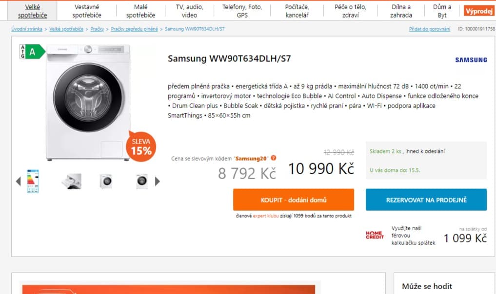 Pračka Samsung 9kg, 1400 ot., A, Wifi