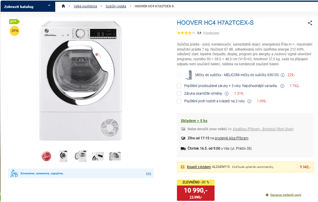 Kondenzační smart sušička Hoover, 7 kg, A++