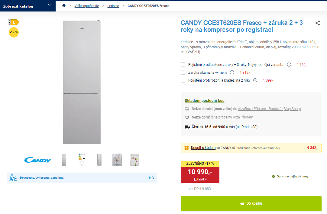 Komb. lednice Candy, 258 / 119l, displej