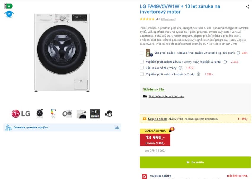 Parní pračka LG 9kg, 1400ot., A, AI