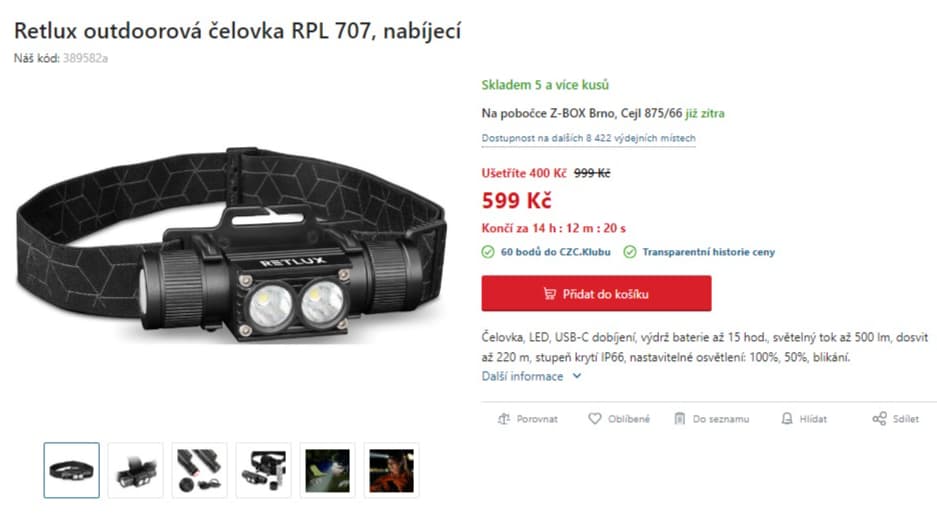 Outdoorová čelovka Retlux 200m