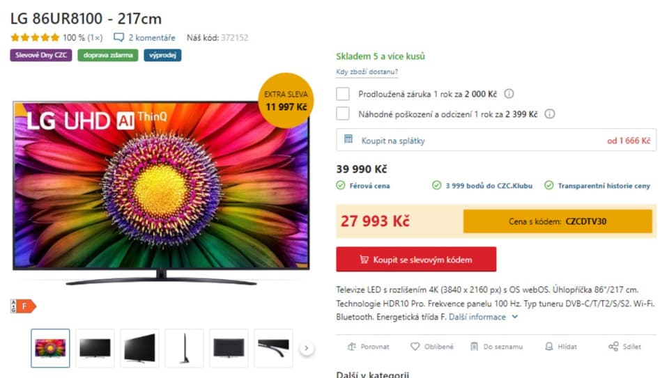 4K Smart TV, 100Hz, 217cm, LG