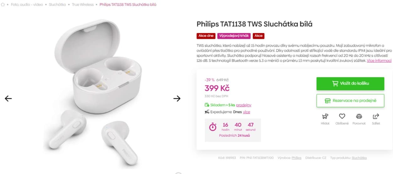 BT sluchátka Philips TWS, 15 hod