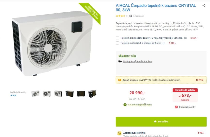 Tepelné čerpadlo k bazénu Aircal 25 do 40 m3