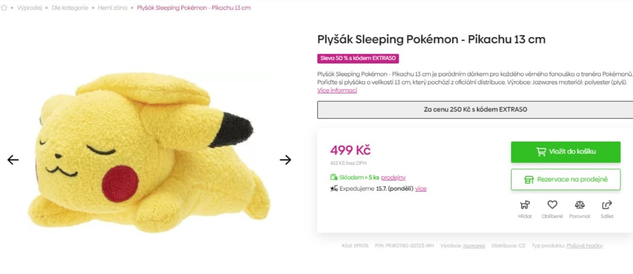 Plyšák Sleeping Pokémon - Pikachu 13 cm