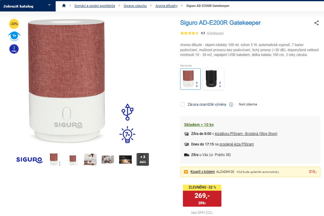 Aroma difuzér Siguro, 100 ml, podsvícení