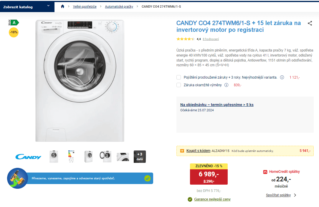Úzká pračka Candy, A, 7 kg, 1151 ot/min