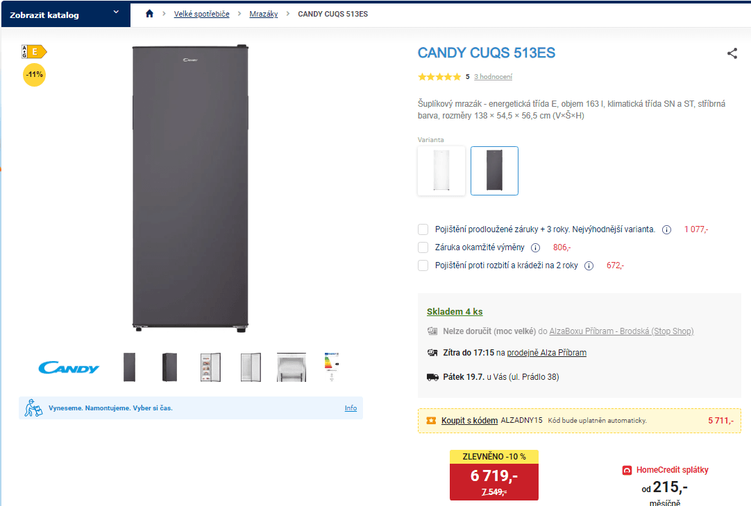 Šuplíkový mrazák Candy, 163 l, 138 cm