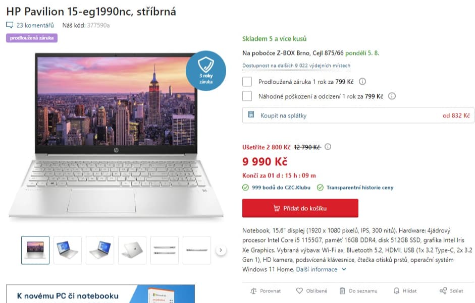 HP i5 4,5GHz, 16GB RAM, SSD, 15,6", 1,75kg