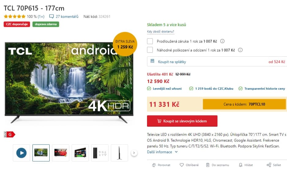 4K Smart, Android TV, 178cm, TCL