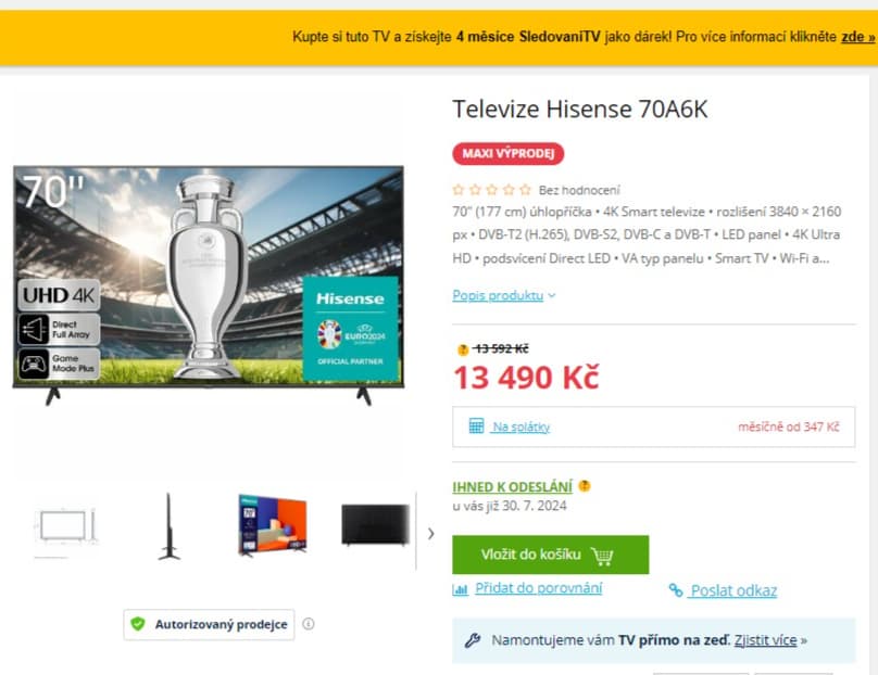 4K smart TV, HDR, 178cm, Hisense