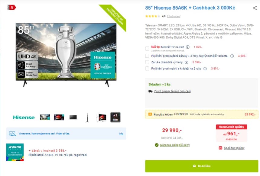 4K smart TV, HDR, 215cm, Hisense