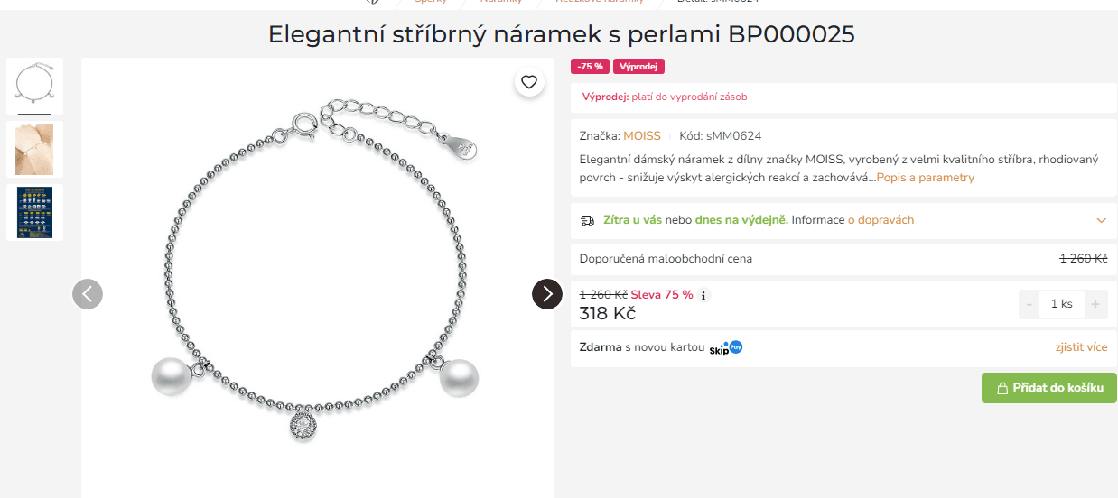Stříbrný náramek s perlami Moiss