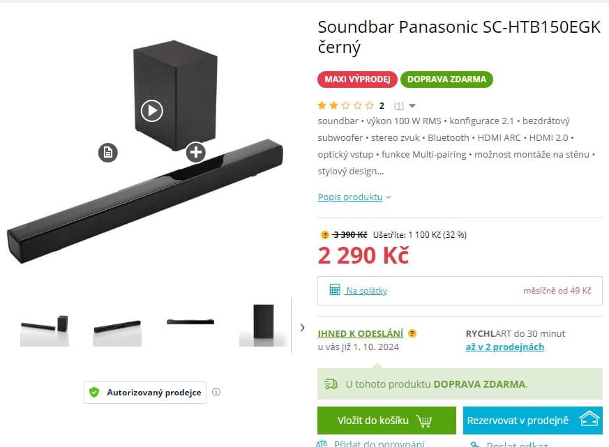 Soundbar 2.1 Panasonic 100W, subwoofer